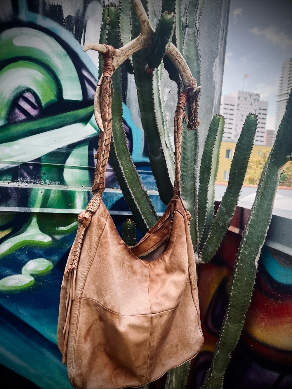 Soft Tan Leather Hobo Tote with Braided Strap